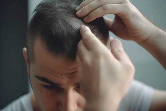 close up shot of a man inspecting his scalp in bathroom