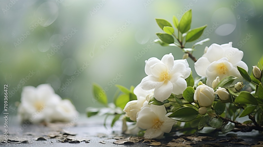 Poster white gardenia flower on isolated magical bokeh background with copy space for text placement