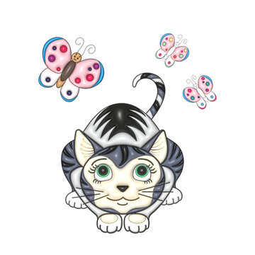 Funny cute cat watches butterflies. The illustration is done by hand in a cartoon style. 3D stiker.