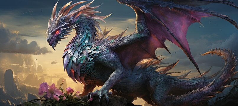 Enchanting sanctuary of majestic dragons and mythical creatures in misty mountain valley