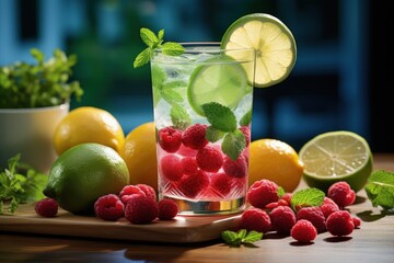 Quenching summer thirst: vibrant fruity drinks on ice, a refreshing blend of citrus, tropical flavors, and coolness for a perfect summer chill-out, deliciously tempting and visually appealing.