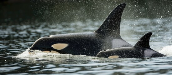 Obraz premium Orca mother and baby playing in the water.