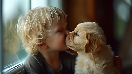 Sweet moment as small boy kisses puppy s nose near big window, filled with love and joy