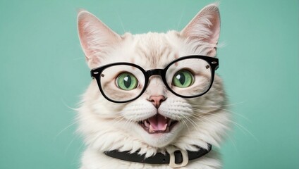 Cute smiling cat with glasses on a light green background