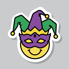 Mardi gras smiling face emoji, cute smile masquerade sticker, vector design element