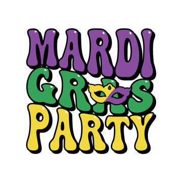 mardi gras party groovy lettering, carnival, festival, party invitation design, vector sticker