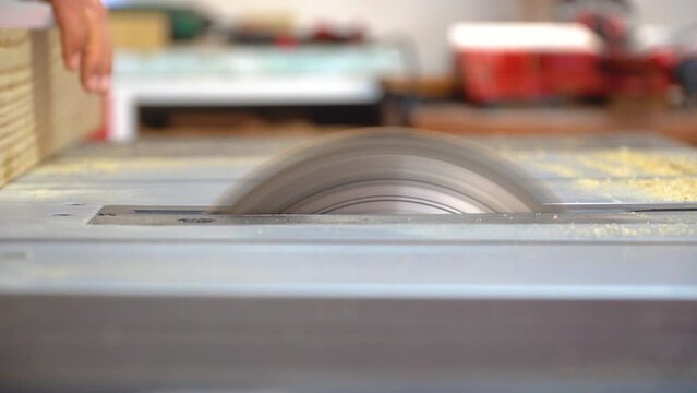 Starting a table saw and cutting a board of treated pine