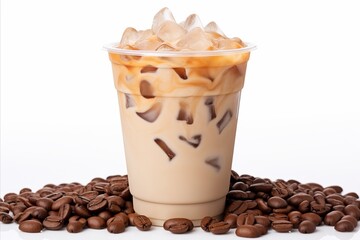 Delicious and refreshing iced coffee in plastic cup with coffee seeds isolated on white background