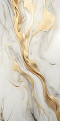 Flowing, smooth lines Luxurious refinement Gold veins traversing marble Shades of gold and white Close-up detailing White