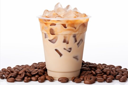 Delicious and refreshing iced coffee in plastic cup with coffee seeds isolated on white background