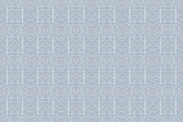 Embossed blue background, tribal cover design. Handmade, arabesque, boho. Geometric ethnic unique 3D pattern. Ornamental art of the East, Asia, India, Mexico, Aztec, Peru.