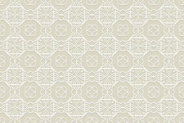 Embossed light background, tribal cover design. Handmade, arabesque, boho. Geometric ethnic abstract 3D pattern. Ornamental art of the East, Asia, India, Mexico, Aztec, Peru.