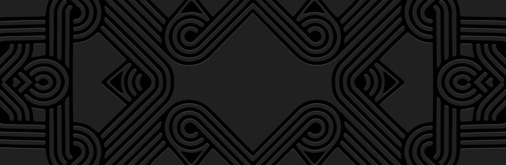 Banner, tribal cover design. Relief ethnic geometric 3D pattern on a black background, space for text. Ornamental art of the East, Asia, India, Mexico, Aztec, Peru.