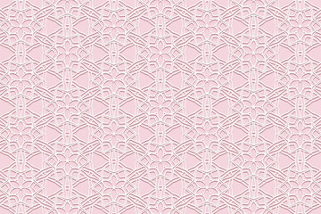 Embossed pink background, tribal cover design. Handmade, arabesque, boho. Geometric ethnic floral 3D pattern. Ornamental art of the East, Asia, India, Mexico, Aztec, Peru.