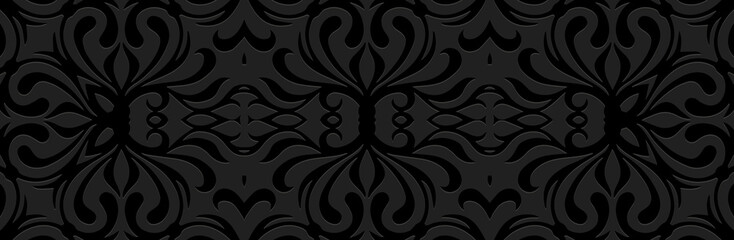 Banner, tribal cover design. Embossed ethnic exotic geometric 3D pattern on a black background. Ornamental art of the East, Asia, India, Mexico, Aztec, Peru.