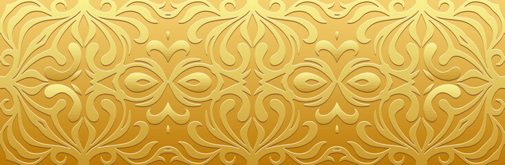 Banner, tribal cover design. Embossed ethnic geometric gold 3D pattern on a gold background. Handmade. Ornamental art of the East, Asia, India, Mexico, Aztec, Peru.