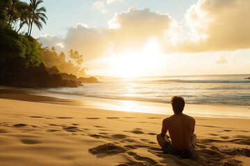 Serene Sunset View as a Young Man Sits on a Tropical Beach - obrazy, fototapety, plakaty