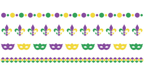 Mardy gras horizontal border set, beads and carnival mask, fleur de lis, party decoration design elements, vector dividers - obrazy, fototapety, plakaty