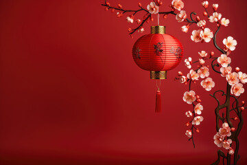 Red Background for happy Chinese New Year with red and white flowers, red lantern, and Asian elements. Copy Space