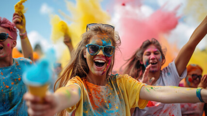 Happy girl celebrating Holi festival, people with paint on face having fun. Young woman in sunglasses throwing colorful powder. Concept of India, color, festive party, travel,