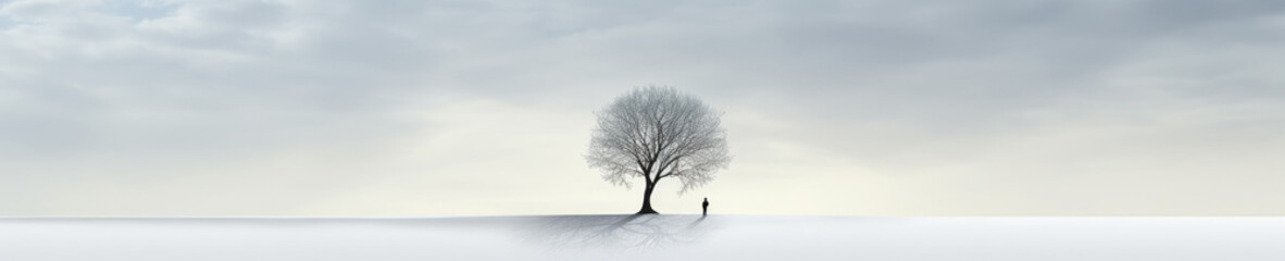 Fototapeta na wymiar Lone tree and man in winter, panoramic banner of snowy white field, human figure and sky, minimalist landscape of peaceful nature for background. Concept of art, snow, minimalism