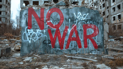 Graffiti No War in destroyed city, painted text on concrete wall of gloomy building ruins. Concept of conflict in Middle East, protest, street, rubble, freedom, grunge, peace