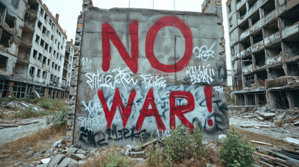 Graffiti No War in destroyed city, painted text on broken concrete wall, scene of gloomy building ruins. Concept of conflict in Middle East, protest, street, rubble, freedom, peace