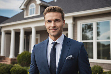 Cheerful professional young realtor looking happy and smiling while demonstrating the house