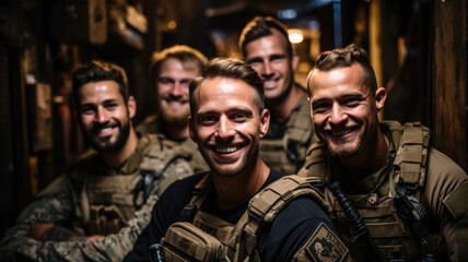 Fototapeta premium Smiling soldiers look at camera, happy faces of men in modern uniform at night. Portrait of group of military male in dark place. Concept of war, US army, young people