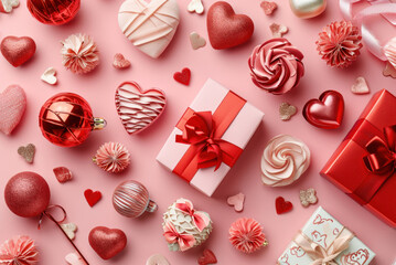 Gift boxes, red heart shapes and decorations on Valentine`s Day, top view. Festive pattern background, romantic home design, flat lay. Concept of happy holiday, love and romance