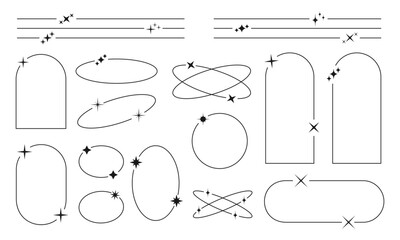 Fototapeta premium Set of trendy y2k frames. Collection of horizontal dividers, arc, oval, ellipse, circle shapes with twinkle and sparkle icons. Boho decorative elements. Vintage ornaments. Vector outline illustration