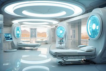 Futuristic medical facility, advanced healthcare center, modern hospital design, hospital in 2100, future hospitals, sci-fi hospital design 