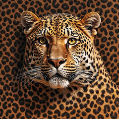 3D portrait of a wild leopard in front of leopard pattern. Generative ai