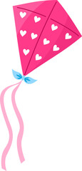 Flying pink kite. Outdoor activities, kite festival, Saint Valentine's Day or Makar Sankranti celebration theme. Vector illustration in flat style isolated on white background.