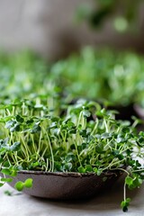 A close up of a bowl of sprouts on a table. Healthy home grown microgreens.