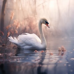 Swan, misty morning on the pond, ethereal beauty, delicate feathers