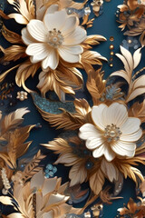 Beautiful background with gold and blue flowers and pearls