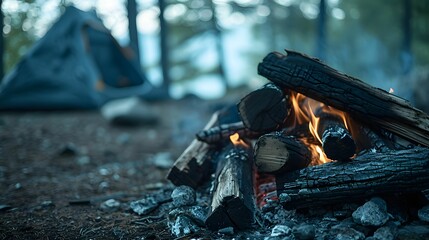 Scenic Campfire Wood Pile with Burnt Marks, Forest Background, and Blurred Tent