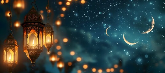 Nabis-inspired Ramadan Nights - Animated GIF Wallpaper with Traditional Lanterns, Moon, and Calligraphy - obrazy, fototapety, plakaty