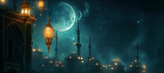 Fototapeta na wymiar Nabis-inspired Ramadan Nights - Animated GIF Wallpaper with Traditional Lanterns, Moon, and Calligraphy