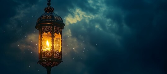 Radiant Ramadan Nights - Lanterns Illuminating a Blue Sky Background at Night - obrazy, fototapety, plakaty