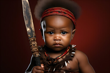 studio portrait of black baby warrior on red background