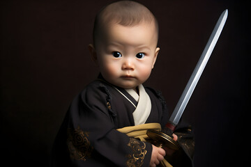studio portrait of baby samurai warrior isolated on black background