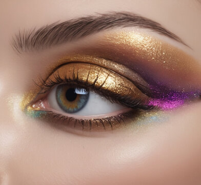 Close up Ojo de mujer con  el parpado maquillado de colores dorado y rosa