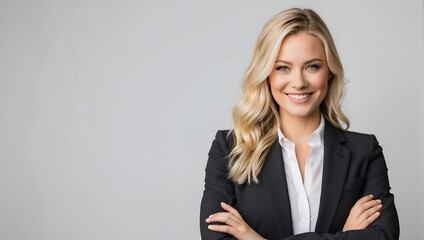 Business woman in suit with crossed arms on isolated background, professional business, corporate woman, portrait studio shot - obrazy, fototapety, plakaty