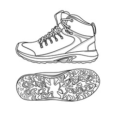 Template vector  Men's hiking Boots, suitable for your custom Ankle Boots shoes design, outline vector doodle illustration, side and bottom view, isolated with white background.