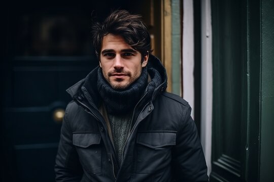 Handsome young man in black jacket and scarf on the street.