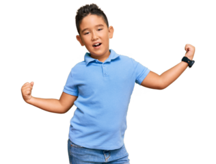 Little boy hispanic kid wearing casual clothes dancing happy and cheerful, smiling moving casual and confident listening to music