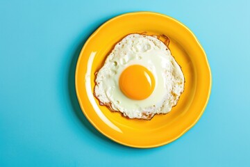 A fried egg on a yellow plate on a blue surface.