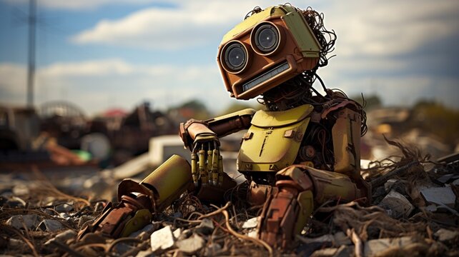 A despondent robot, perched on a rusty beam, overlooking a vast junkyard filled with discarded parts and broken dreams  -Generative Ai